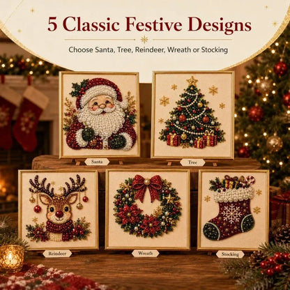 Five Christmas bead mosaic designs: Santa, tree, reindeer, wreath and stocking