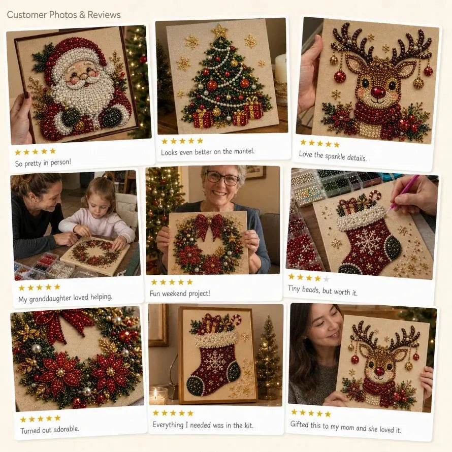 Photo collage of Christmas bead mosaic projects and people making and displaying them