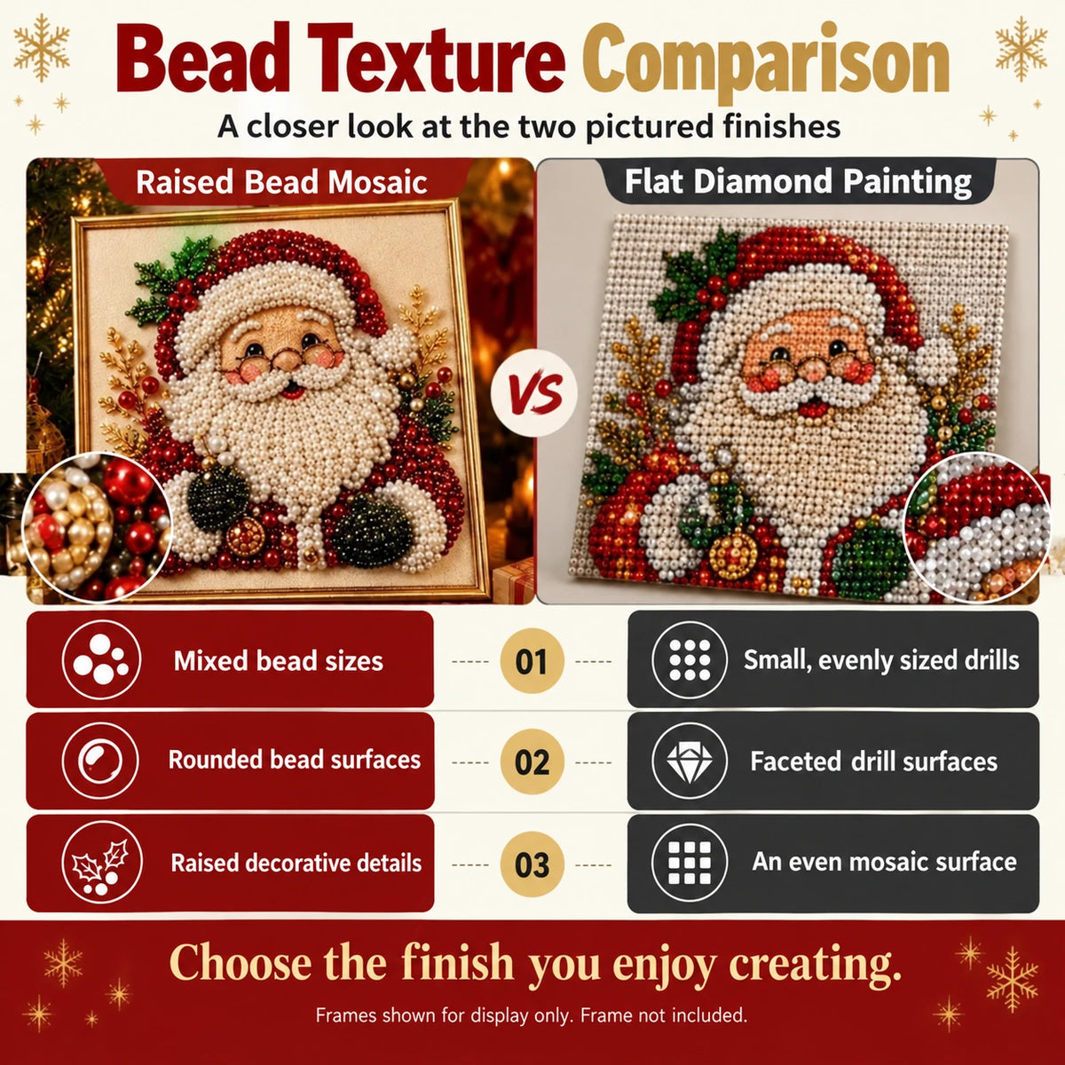 Raised bead details compared with a flat diamond painting surface