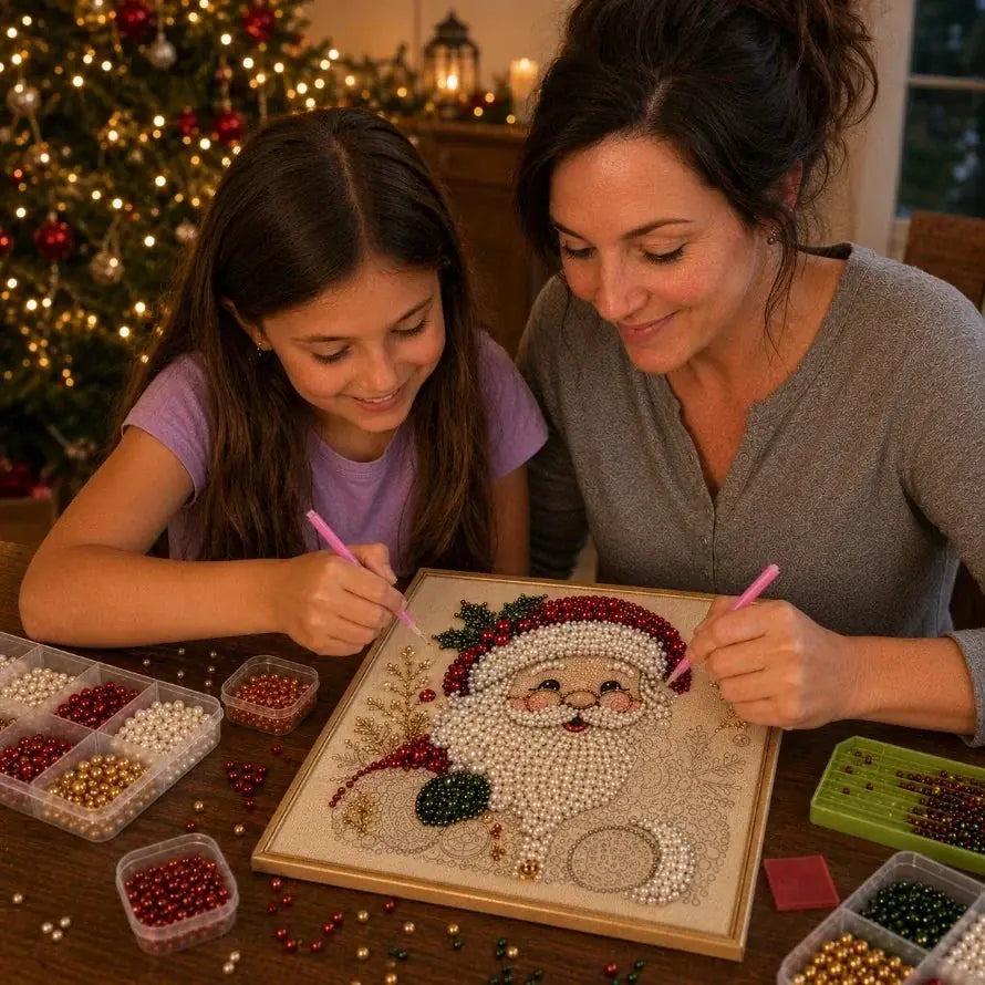 Adult and child placing beads on a Santa mosaic together