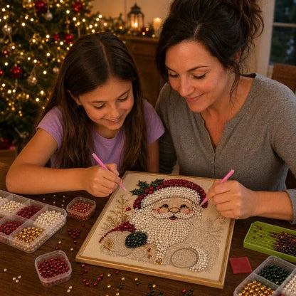 Adult and child placing beads on a Santa mosaic together