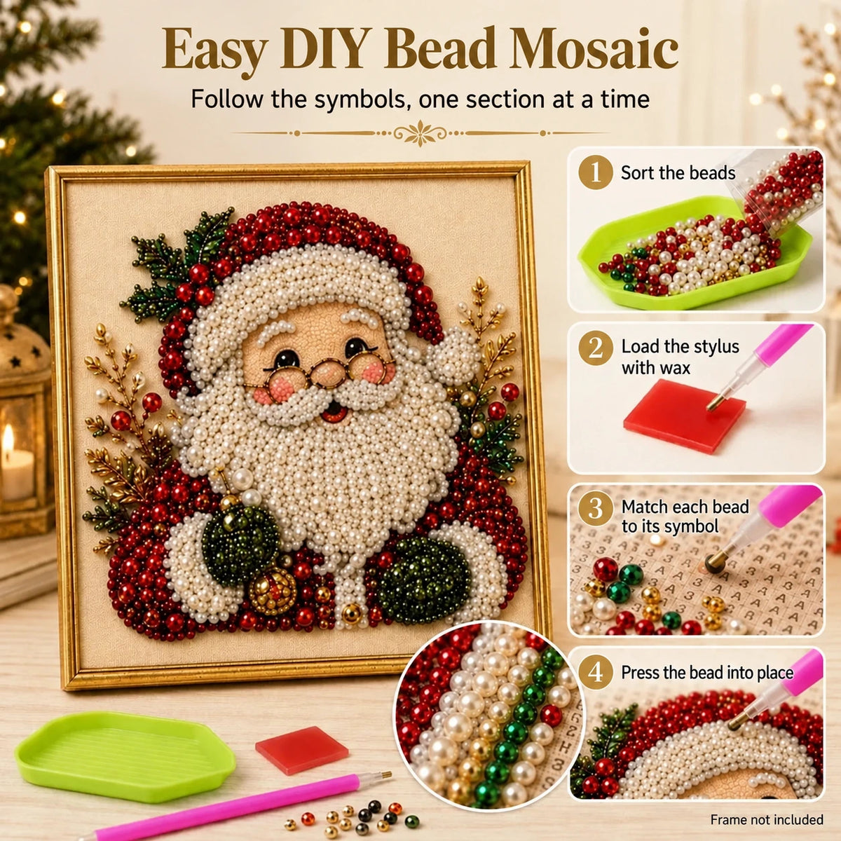 Steps for making a Santa bead mosaic with beads, wax, a tray and a placement stylus