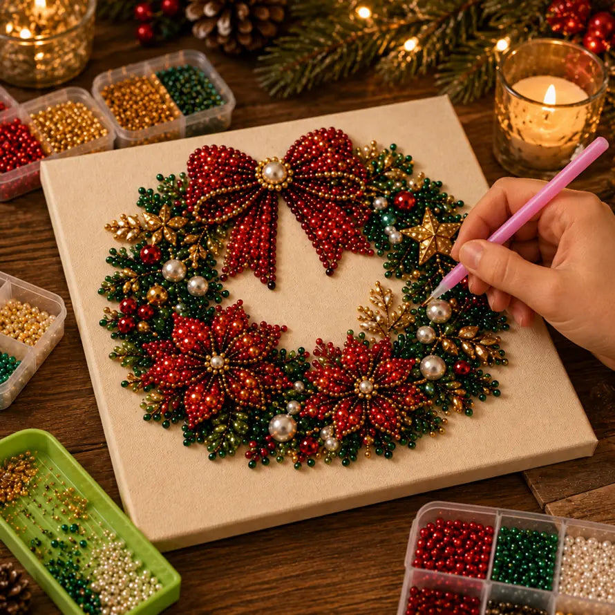 Placement stylus adding beads to a Christmas wreath mosaic
