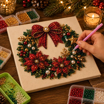 Placement stylus adding beads to a Christmas wreath mosaic