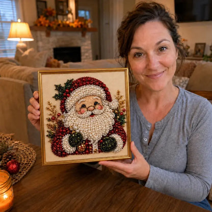 Woman holding a completed Santa bead mosaic in a display frame