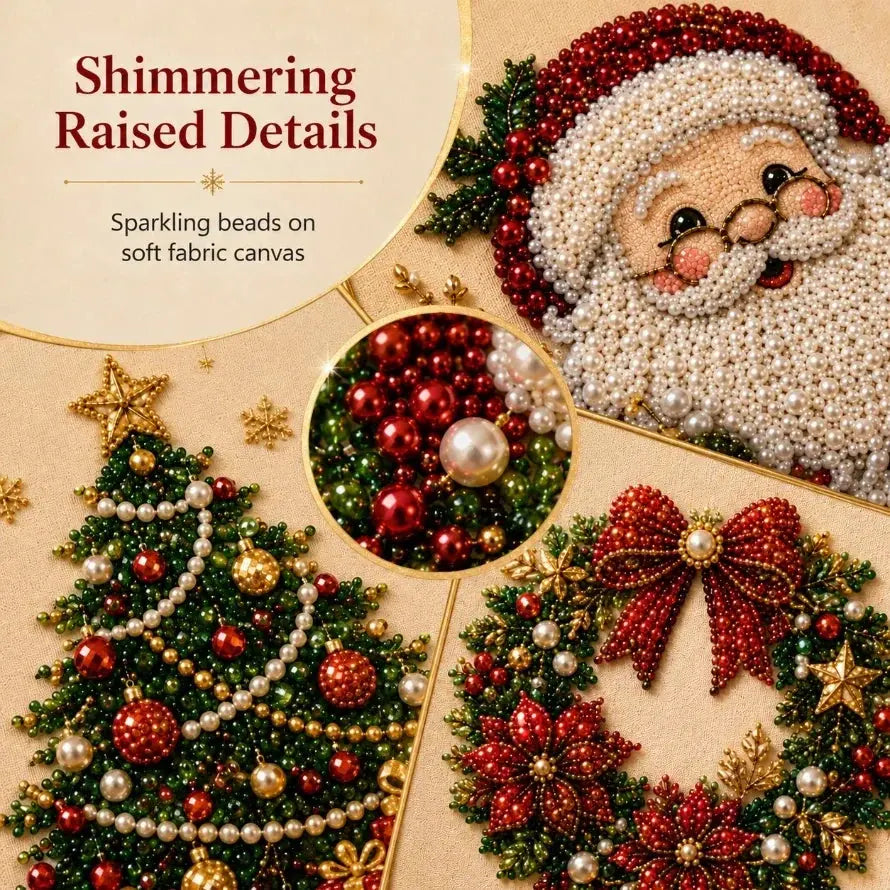Close-up of raised beads on Santa, Christmas tree and wreath mosaic designs