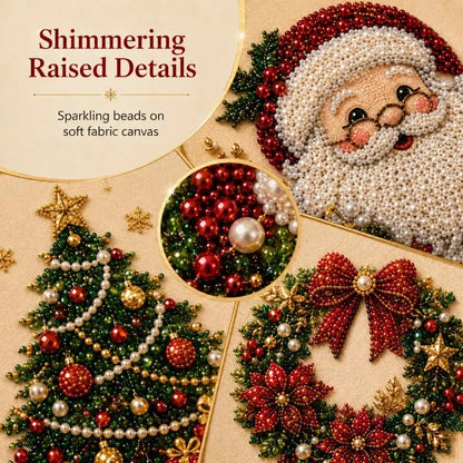 Close-up of raised beads on Santa, Christmas tree and wreath mosaic designs
