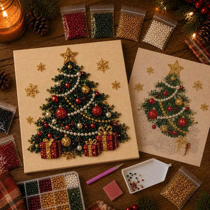 Completed Christmas tree bead mosaic beside its printed guide and crafting tools