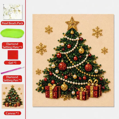 Christmas tree bead mosaic shown with pearl beads, tray, wax, stylus and canvas