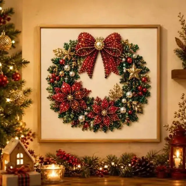 Completed Christmas wreath bead mosaic displayed in a gold-colored frame