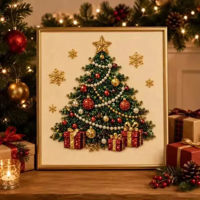 Completed Christmas tree bead mosaic displayed in a gold-colored frame