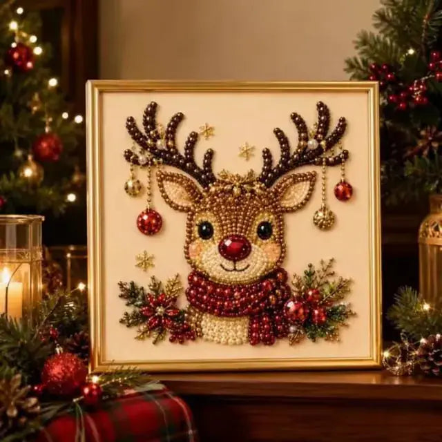 Completed reindeer bead mosaic with a red nose and scarf