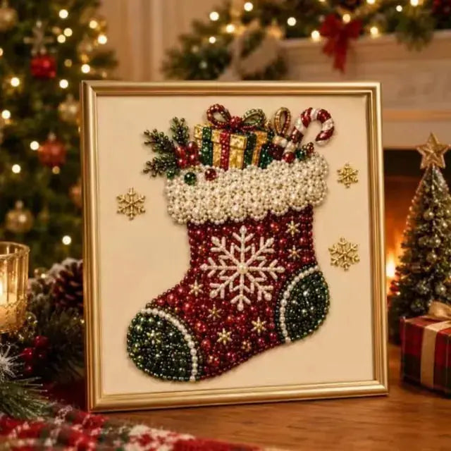 Completed Christmas stocking bead mosaic with a snowflake and pearl bead cuff