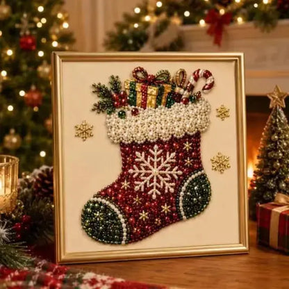 Completed Christmas stocking bead mosaic with a snowflake and pearl bead cuff