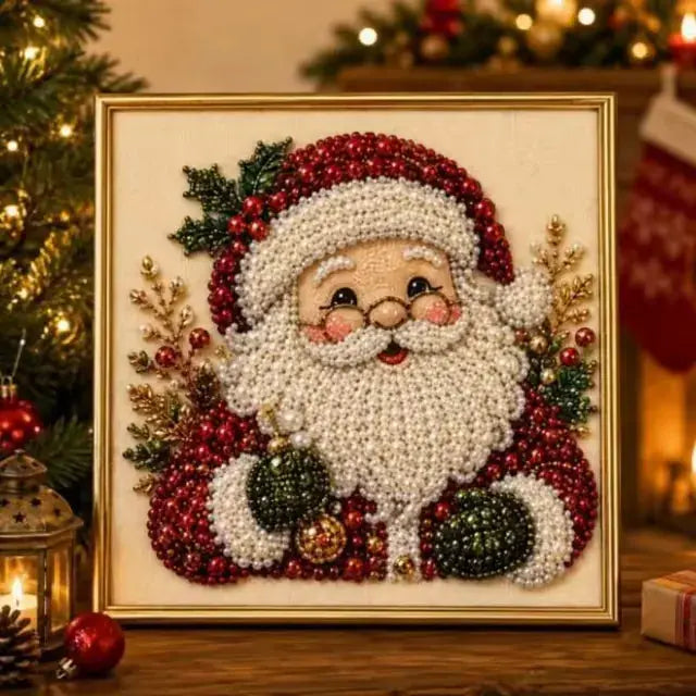 Completed Santa bead mosaic with a white pearl bead beard and red hat