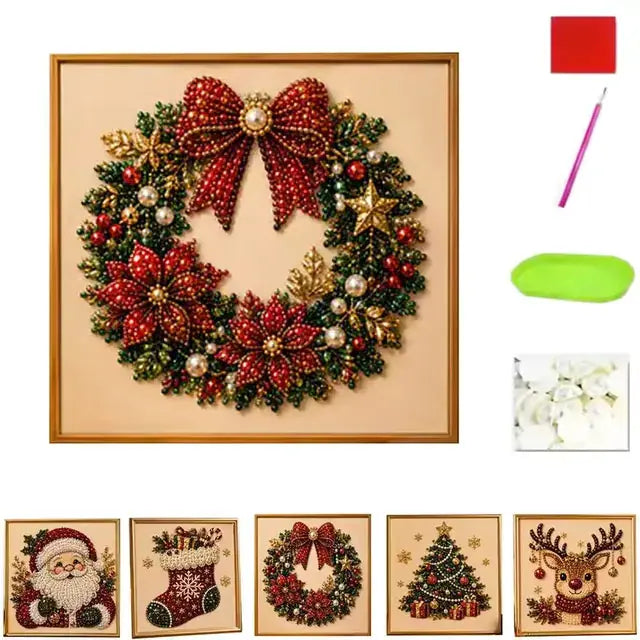 Christmas wreath bead mosaic with placement tools and five design thumbnails