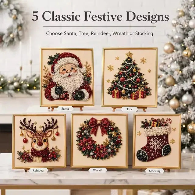 Santa, tree, reindeer, wreath and stocking bead mosaics displayed together