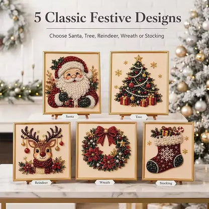 Santa, tree, reindeer, wreath and stocking bead mosaics displayed together