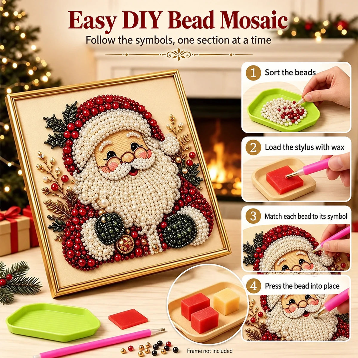 Four steps for making a Santa bead mosaic using a placement stylus