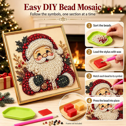 Four steps for making a Santa bead mosaic using a placement stylus