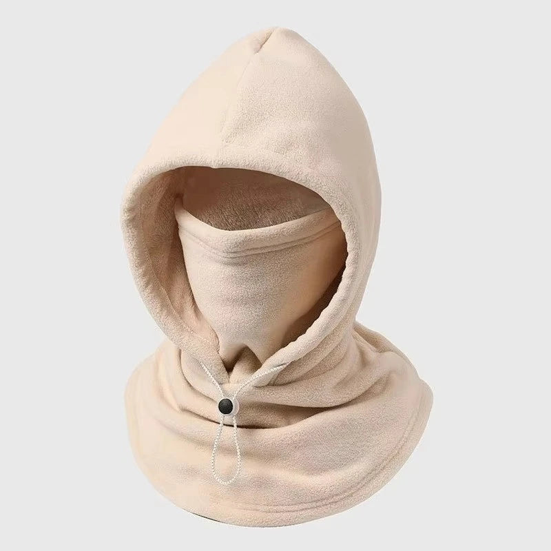 Beige unbranded fleece-lined winter hood with integrated face and neck cover