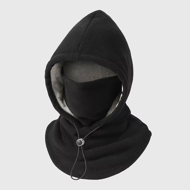 Black unbranded fleece-lined winter hood with integrated face and neck cover