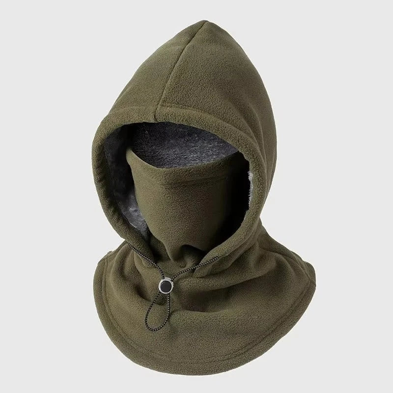 Green unbranded fleece-lined winter hood with integrated face and neck cover