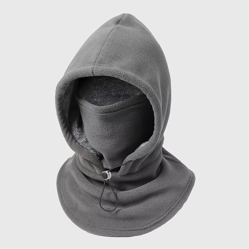 Grey unbranded fleece-lined winter hood with integrated face and neck cover